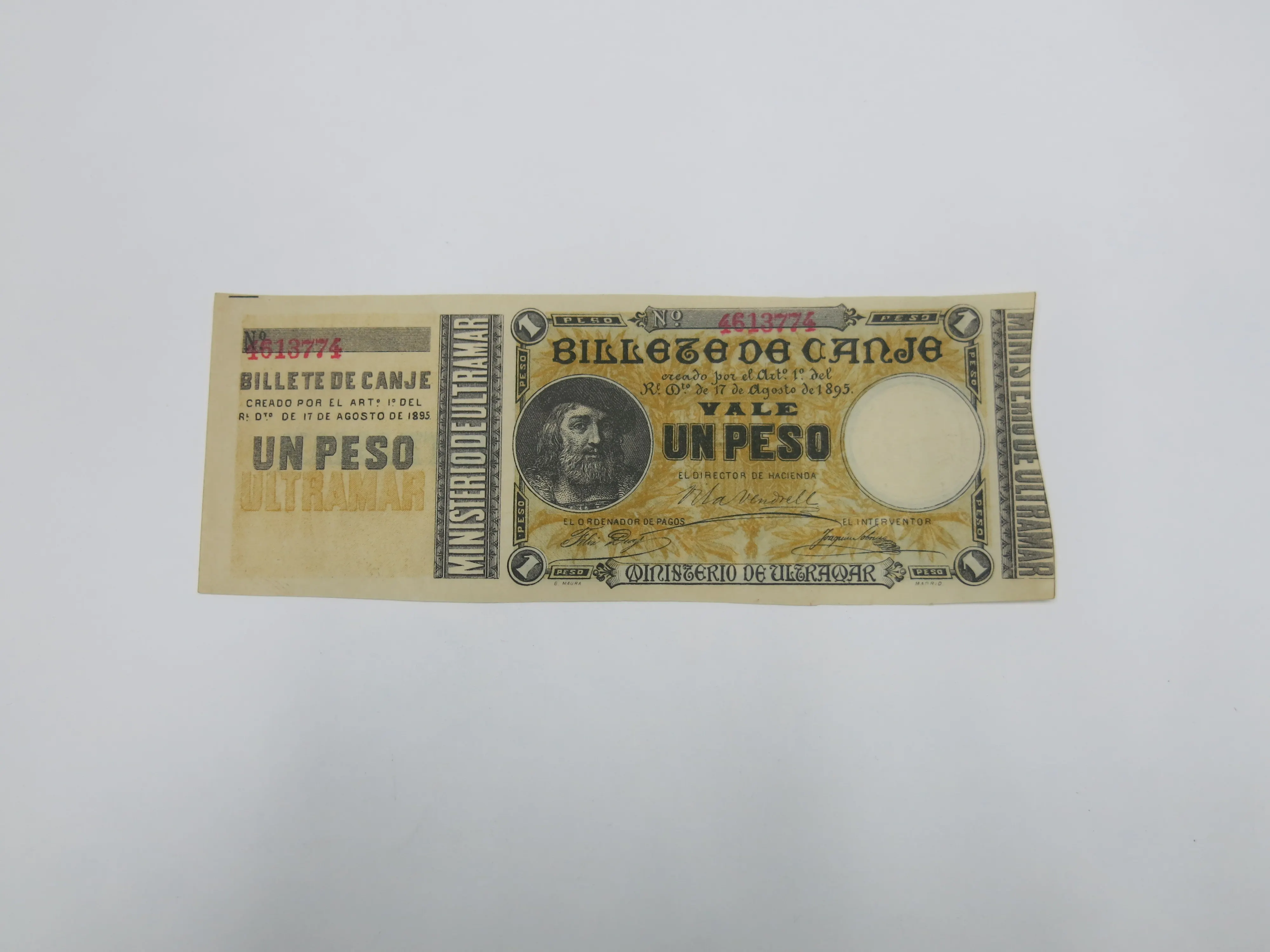 1 peso billet de canje ultramar; printed black on yellow, numbered 4613774 in red obverse, printed in green reverse