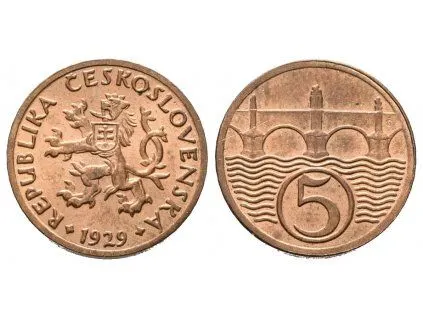 5 haléř 1929 — příklad mince s přirozenou patinou