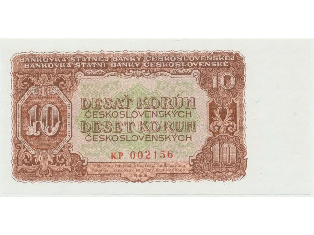 Československá 10 Kčs 1953 — bankovka tisk Praha