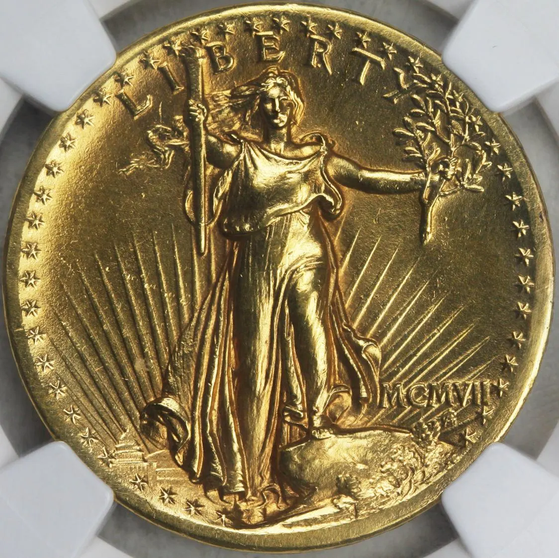 Obverse of a High Relief 1907 Saint-Gaudens double eagle or $20 piece